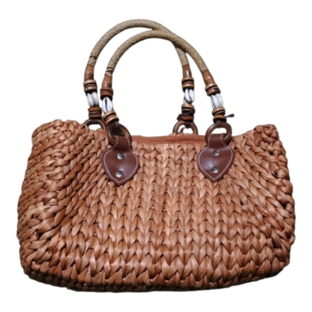 Woven Straw Purse Boho Tropical Handbag Lined Beads & Shells On Handles